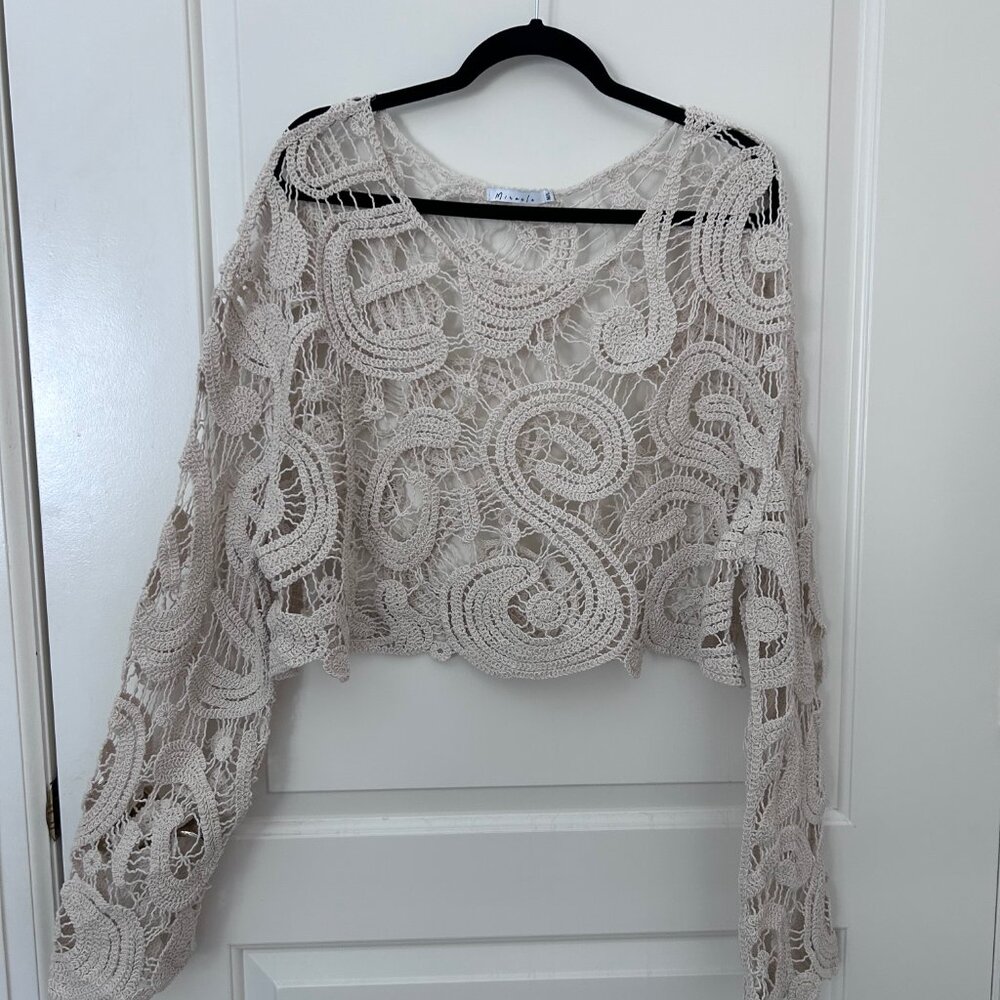 Miracle Boho Crochet Lace Crop Top Festival Sheer Long Sleeve Ivory M/L NEW - Picture 2 of 5